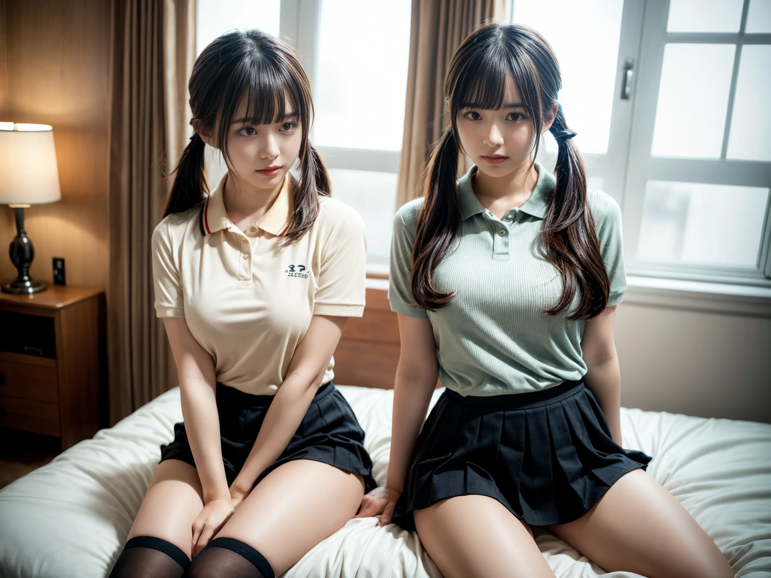 masterpiece, best quality, illustration, Super detailed, fine details, High resolution, 8K,wall paper, perfect dynamic composition,(Details High quality, realistic depiction of eyes:1.3), (2 girls), (collared polo shirt), pleated skirt, knee high socks, twin tails, sitting, open legs, in a hotel room in the background, deep on field, large breasts, black hair color, Big Natural Color Lip, (perfect body shape), crying a little、Harajuku style、20 year old girl、cute type、beautiful legs, Gravure Idol