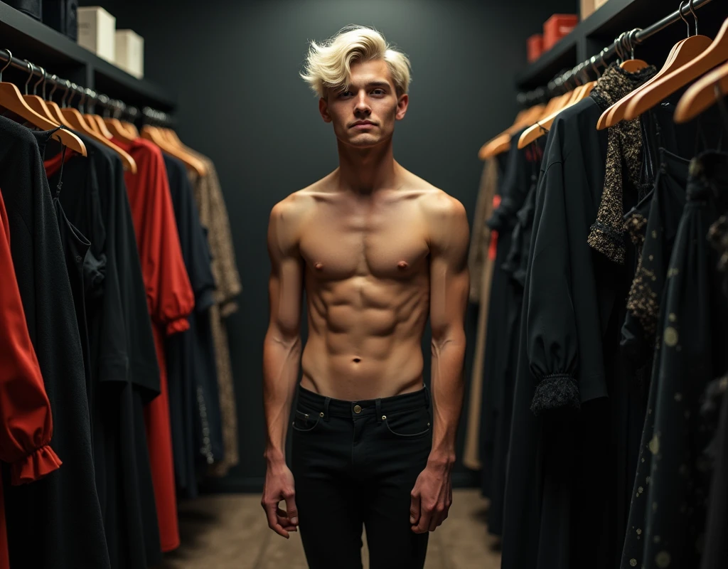 181 cm tall, 22-year-old shirtless male boyish fashion model, lean figure, short platinum blond layered hair with side swept bangs, Germanic-Icelandic features, tight black pants, amused expression:1.4, standing in large chic dark walk-in closet lined with gothic and colorful dresses, pants, shoes and other accessories, photorealistic, cinematic