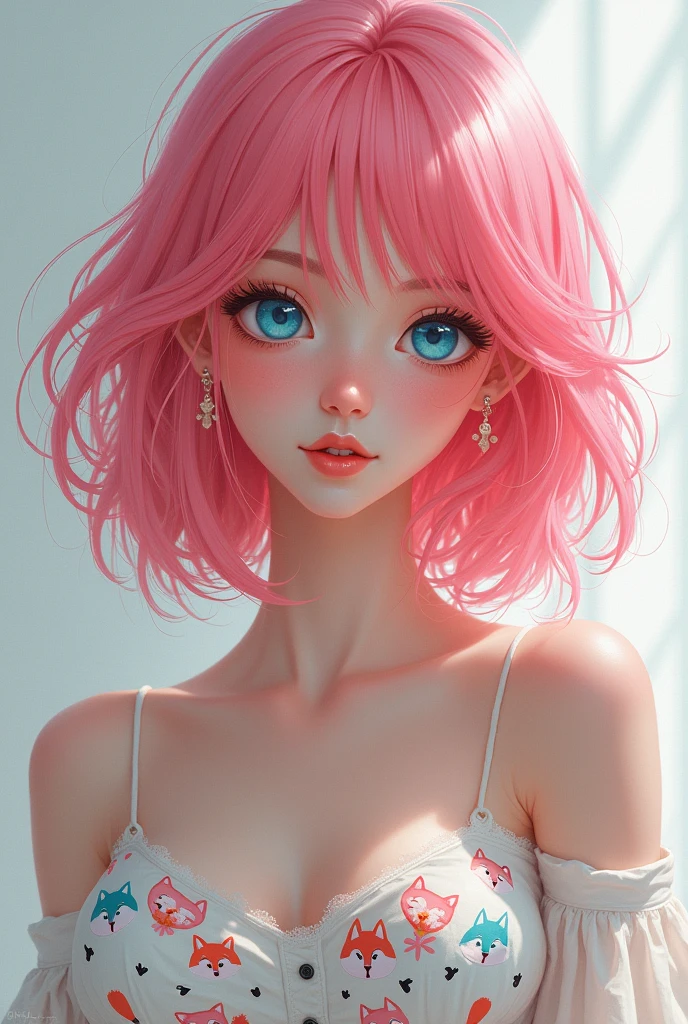 Female character, anime styling, pink hair, pretty, skin fair, blue colored eyes