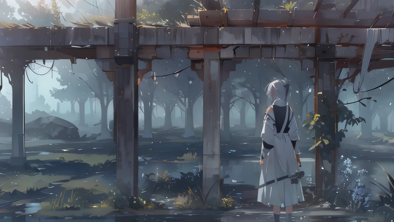 Gray, Foggy world、Remains、、dim、The end of the world、Sad landscape、Rear view、 White Hair