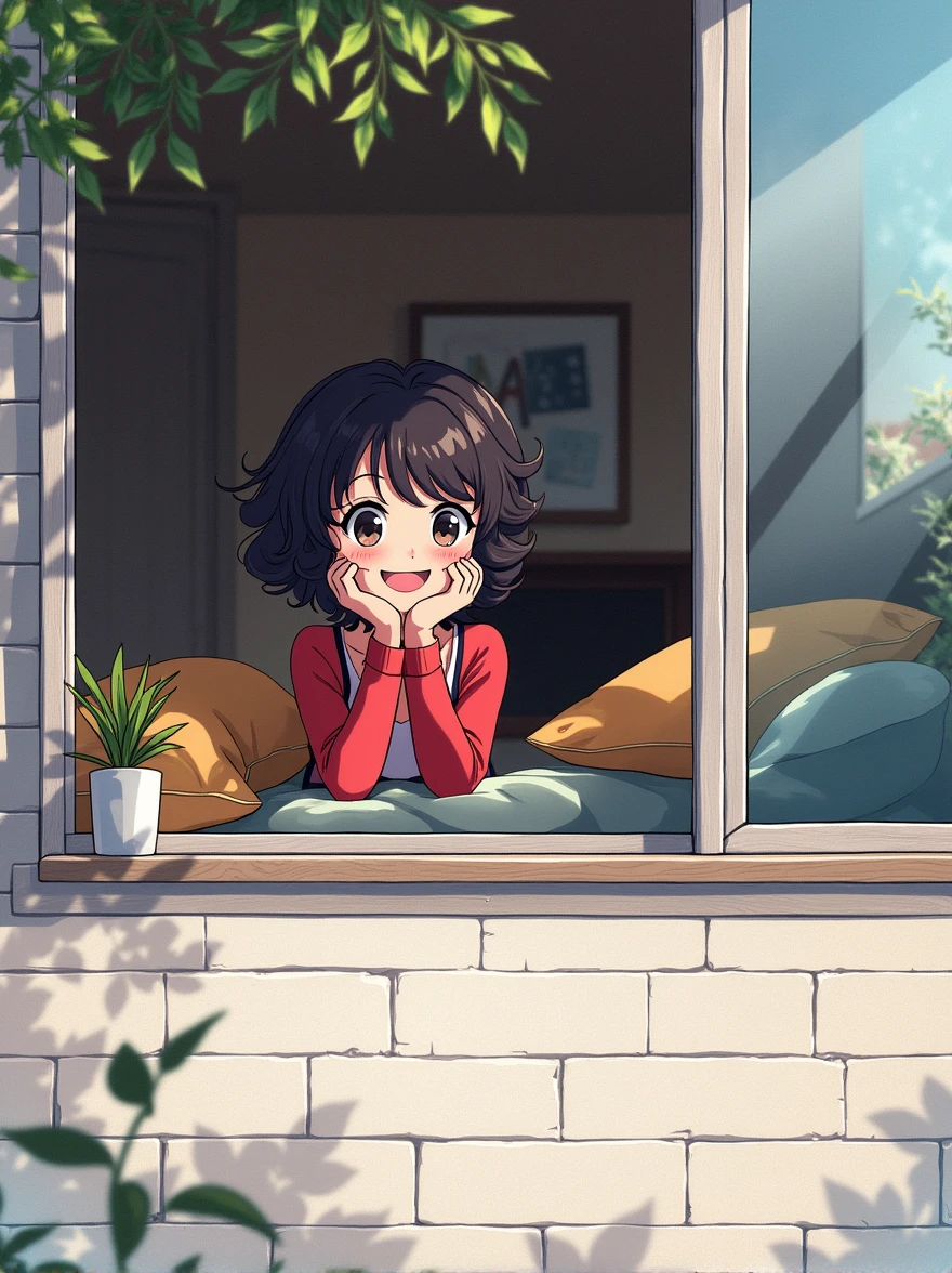 anime playing in your bedroom window,he has beautiful curly hair and a beautiful smile