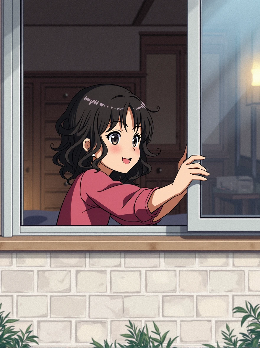 anime playing in your bedroom window,he has beautiful curly hair and a beautiful smile