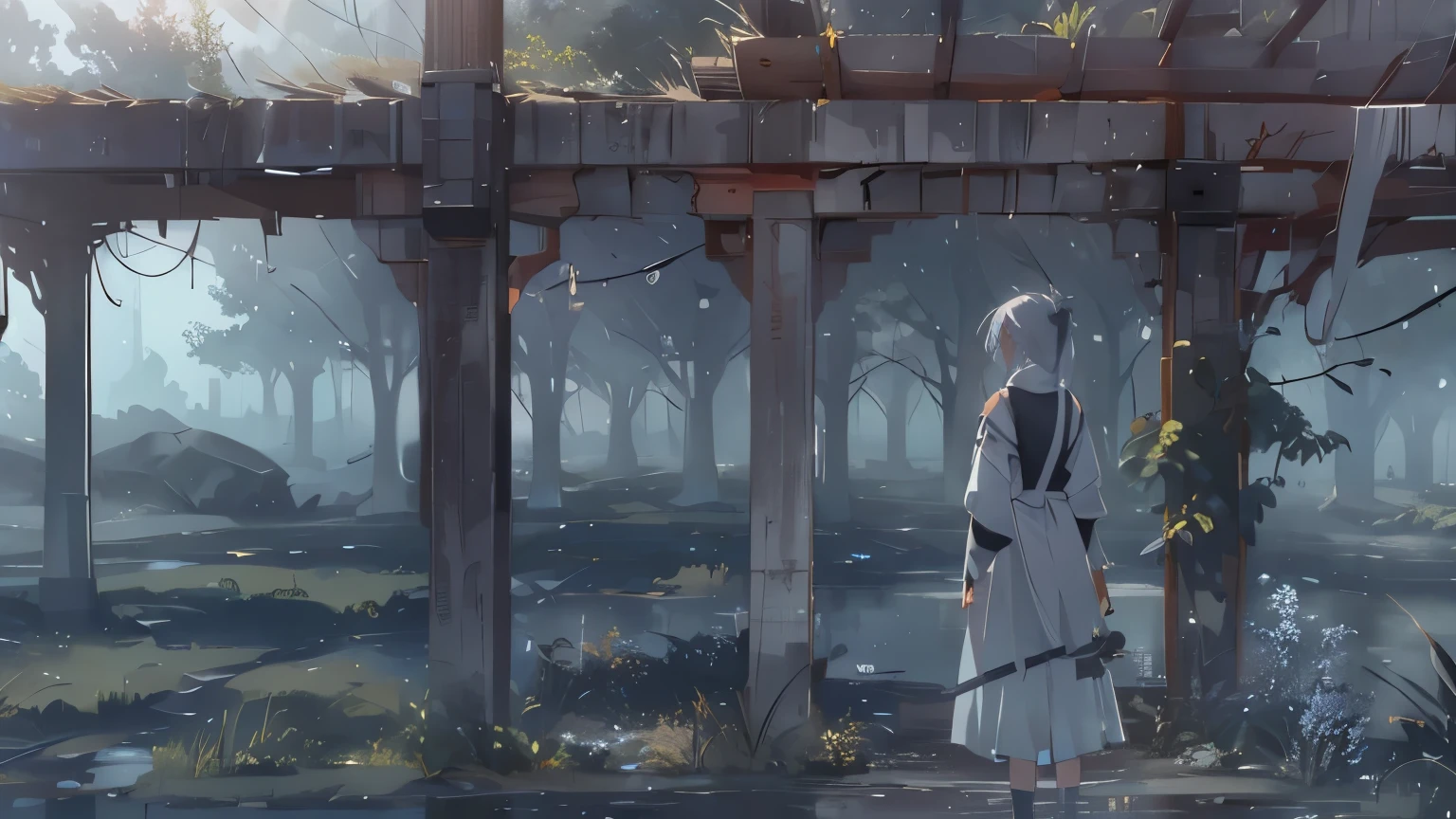 Gray, Foggy world、Remains、、dim、The end of the world、Sad landscape、Rear view、 White Hair