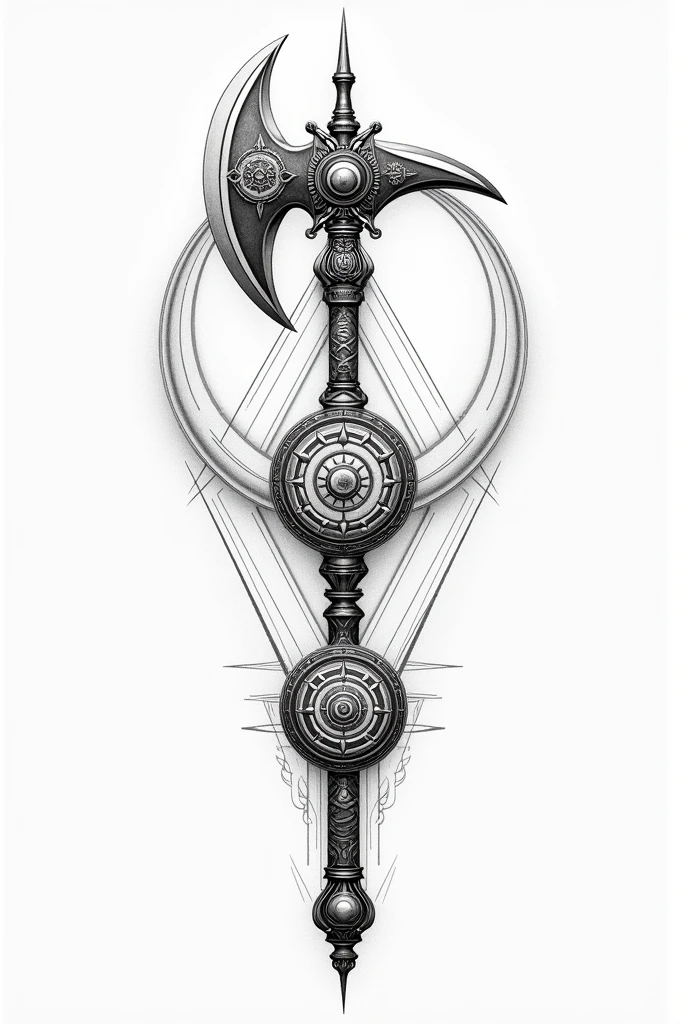 Create a line art tattoo design with Parashuram axe, Vishnu chakra and Vishnu naamam