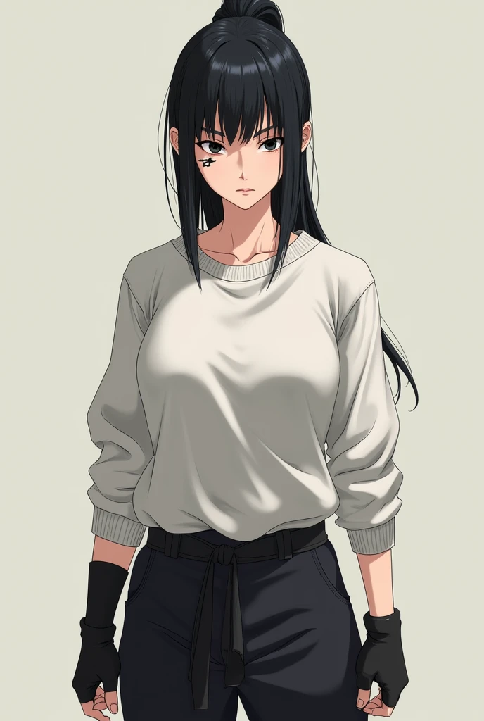 ((Artwork, 8K, very detailed)), 1 woman, Japanese ethnicity, black eye iris color, very strong body, straight black tied hair, scar on left eye, wearing white sweater, wearing black fingerless gloves, loose black pants, focused look.