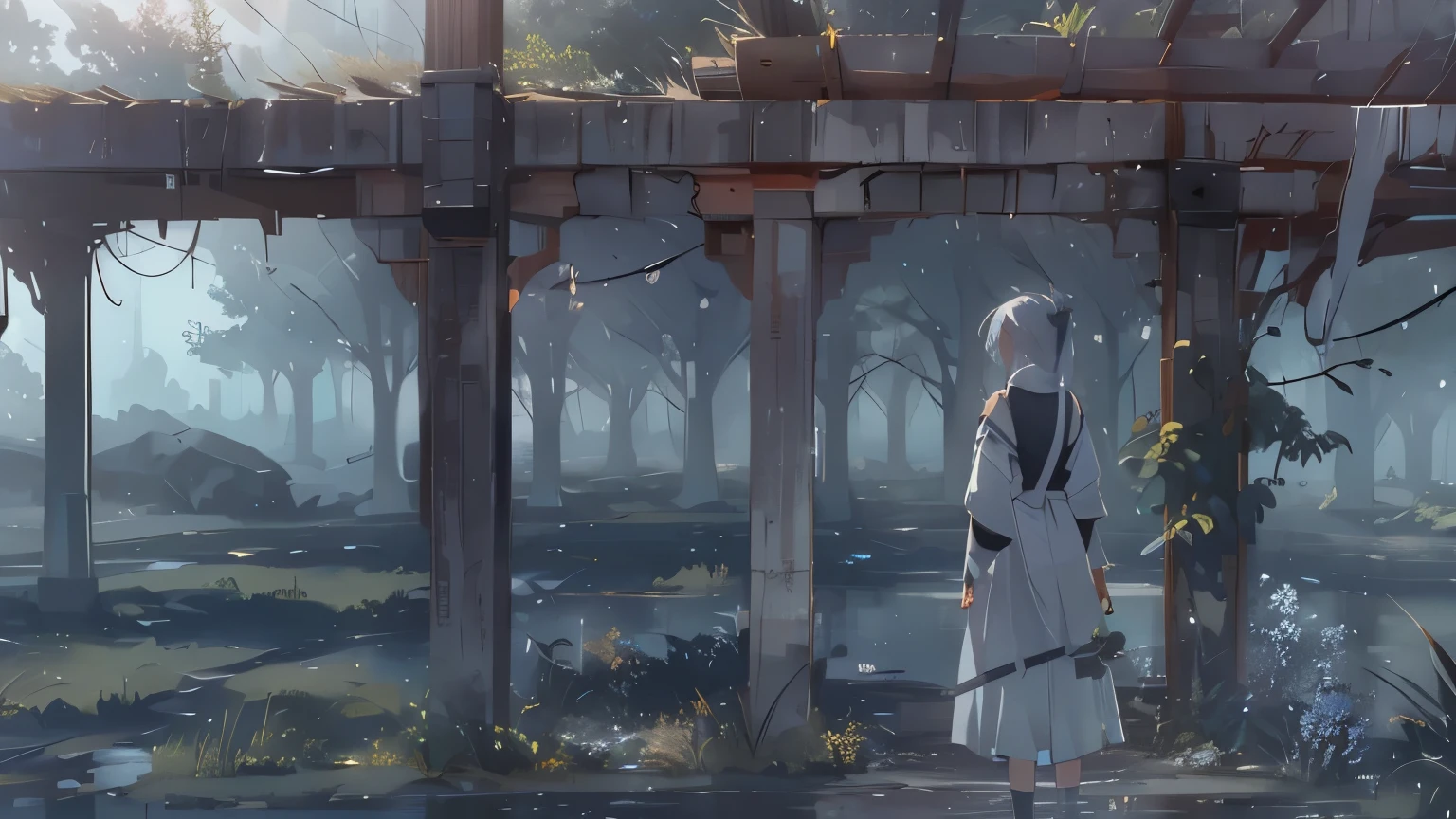Gray, Foggy world、Remains、、dim、The end of the world、Sad landscape、Rear view、 White Hair