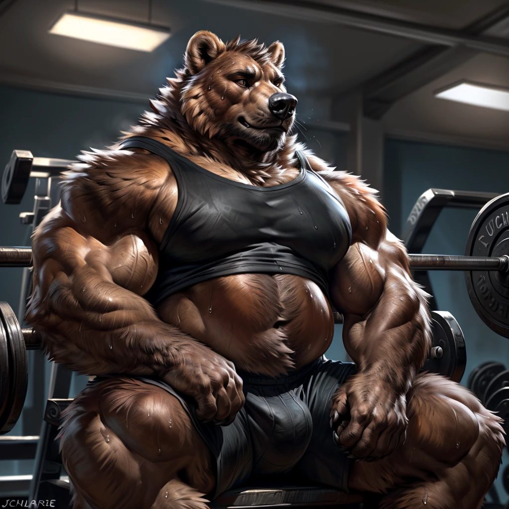 "Masterpiece, Cool Pose, Furry bear, grizzly bear, furry body, anthro thick brown grizzly bear, (monotone brown fur:1.3), male, black beard, brown thick chest fur, adult, HEIGHT: 220CM, WEIGHT: 200kg (440 lbs), (heavily thick muscular, manly, brutal, masculine:1.4), brown eyes, realistic eyes, Casual Set, Fierce, Good looking, Smirking, Sexy, Hunk, Looking To Front, God-like body-built, look at Sitting InBench, Gym setups, Gym Background, (by Taran Fiddler, by Chunie, by Rukis, Bonifasko lighting), best posture, claws on hands, (photorealistic fur, detailed fur, epic, masterpiece:1.2), sexy shadows, (by echin, by Taran Fiddler, by takemoto arashi, by Traver009, by Juiceps), (detailed eyes:1.2), impressive physique, Focus on the front, Watching the Perfect bod, a workout machine behind, black shorts, wearing a black tank top, working out,(sweat:1.4)