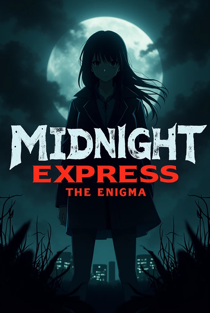 Make a anime movie title logo bead on horror mystery love thriller action movie named Midnight Express: The Enigma anime movie just movie title one more another Midnight Express: The Enigma title change background with any character Midnight Express: The Enigma title same style with different backgrounds more different backgrounds Midnight Express: The Enigma