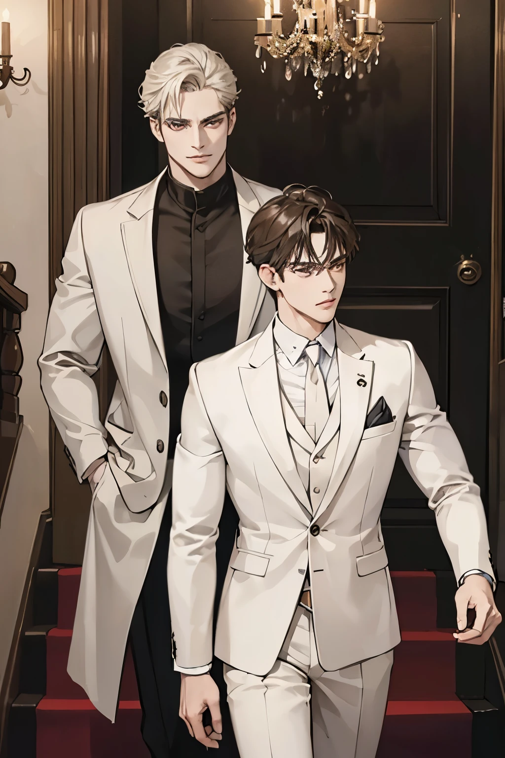 ((best quality)), ((masterpiece)), (detailed), A handsome man in a brown  and white suit，A bodyguard in dark clothes，Two people walked up the stairs of the villa to the living room，Perfect face perfect hands