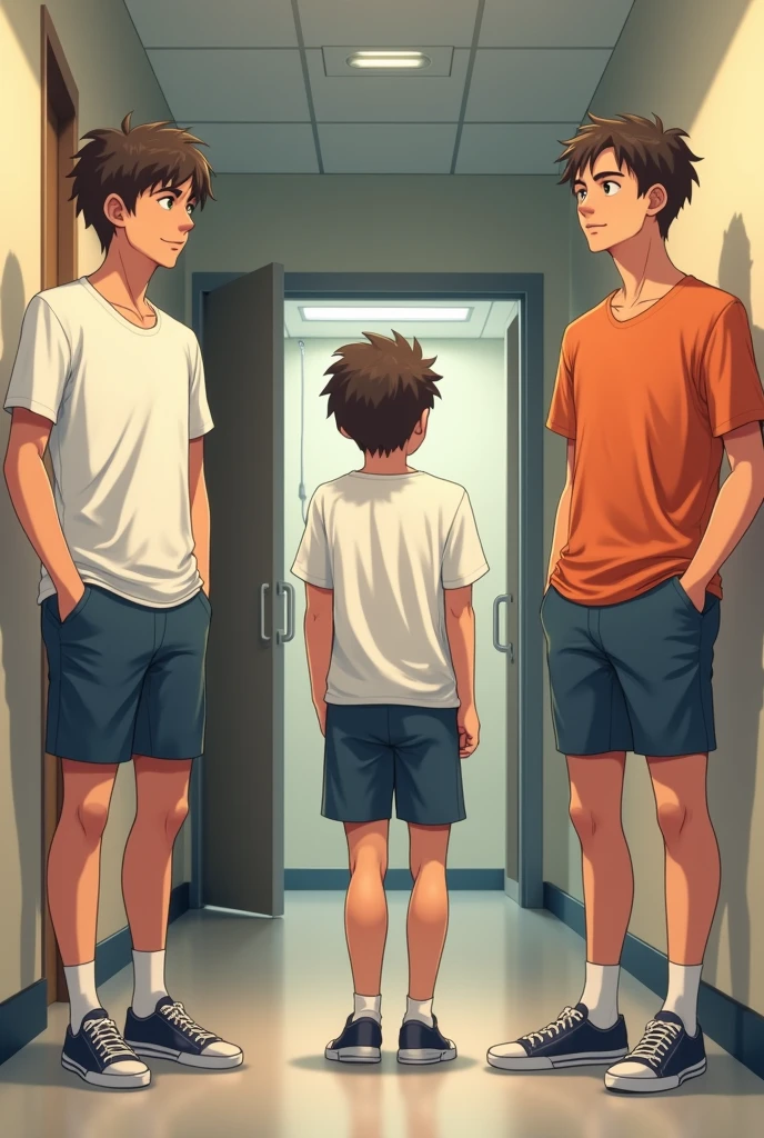 Three guys (male) who just waiting infront of the bathroom in dormitory for bath. And theres one person (male) just get out from the bathroom, all the person inside this images using short pants and t-shirt