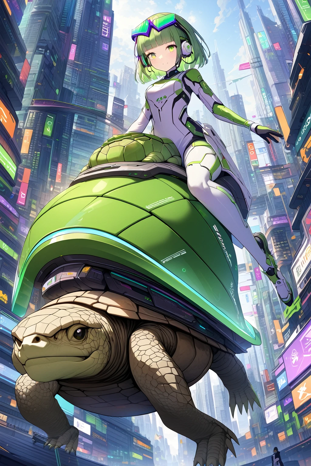 (extremely detailed fine touch:1.3), (((Futuristic eyewear:1.3))), (wear headphones:1.0), green short hair, blunt bangs, beautiful android girl, solo, full body, riding (tortoise:1.3), Futuristic city, single Skyscraper