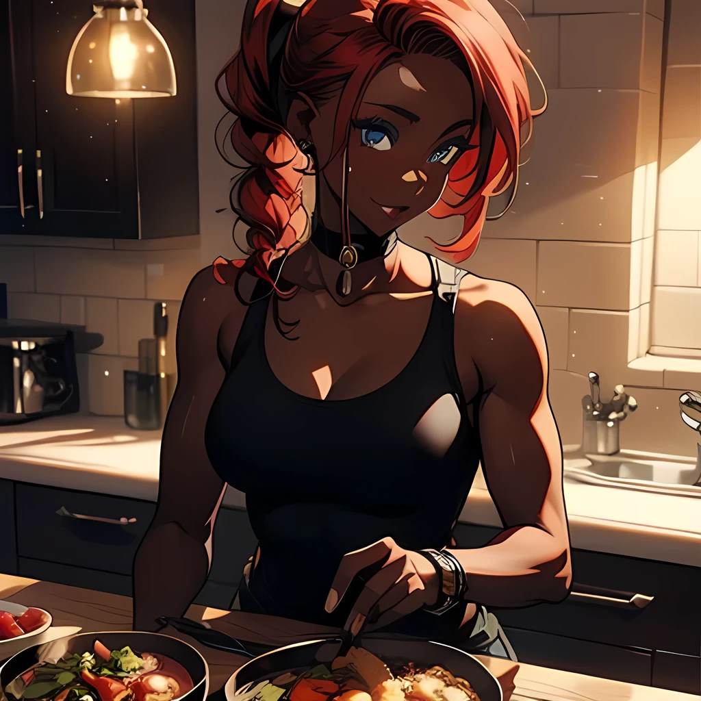 (masterpiece), perfect face, expressive eyes, beautiful makeup, Soldier Girl, Tank Top Military Shirt, Muscular, Saggy Breasts, Dark Skin, ((Red Hair)), Ponytail, blue eyes,  Sitting, chair, luxurious kitchen, food, meat, vegetables, soup, wine, eating, delicious, wholesome scene,  night time, 3D Western Anime Style, HD Quality, 4K, Ultra HD, detailed hands,