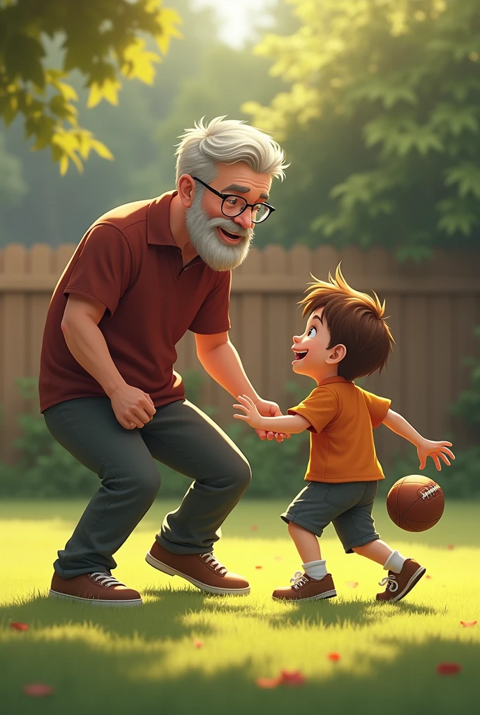 dad with glasses playing football with his son