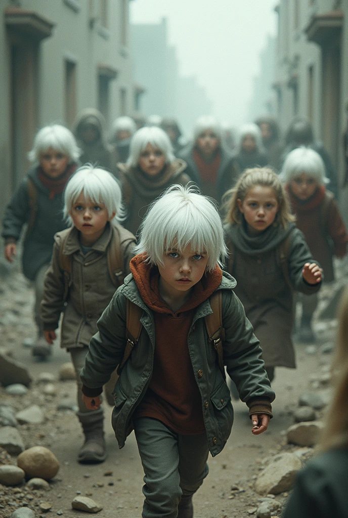 Six boys, " 3 girls" and three boys, the girls go ahead and "the boys behind", that they are "around zombies", a desolate environment, Boys who have white hair should be an illustration