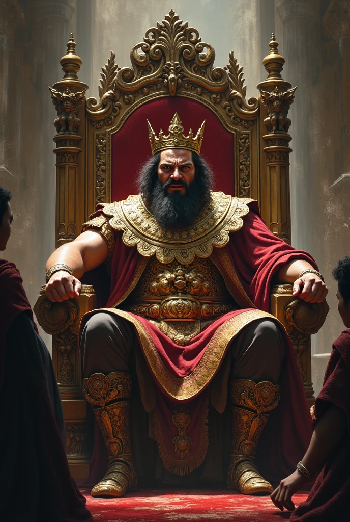 King Lycaon with an expression of cruelty sitting on his throne disobeying the gods