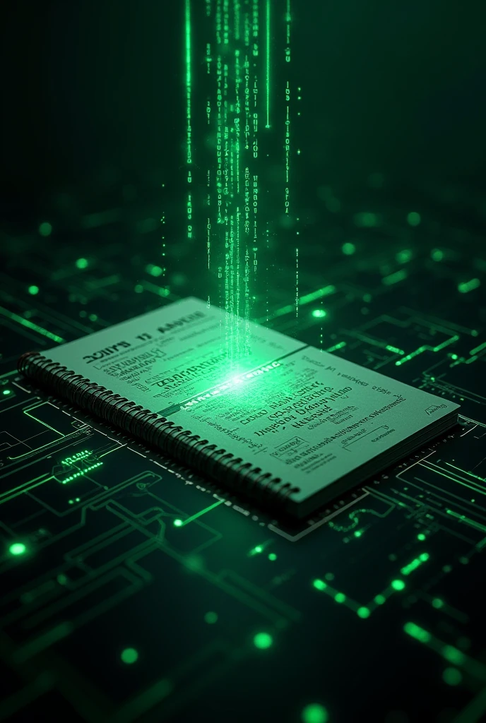 It generates a black background in the center at the bottom, green light rays and similar to sparks in the center of the image, a sketch of a notebook made of zero and one with the logo in the center of the notebook, the word analysis and development of systems. 