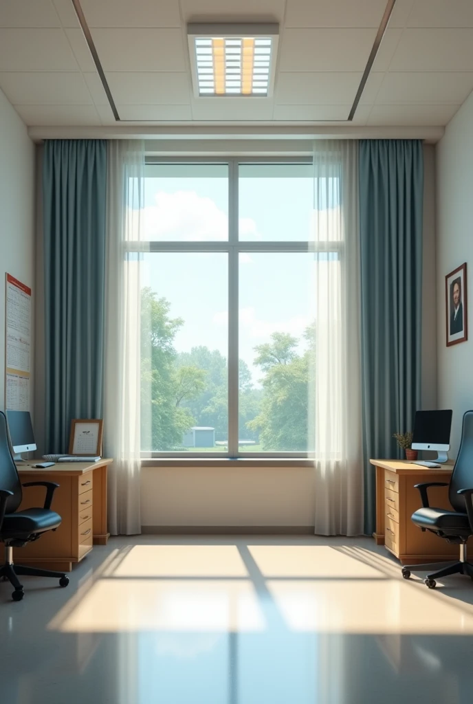 I want a wall which resemble principal office of school . The wall must contain a window with modern curtains and also the wall has a calender and photo of Newton and i clearly mention not to have any table or chair a inhanced photo of a full room