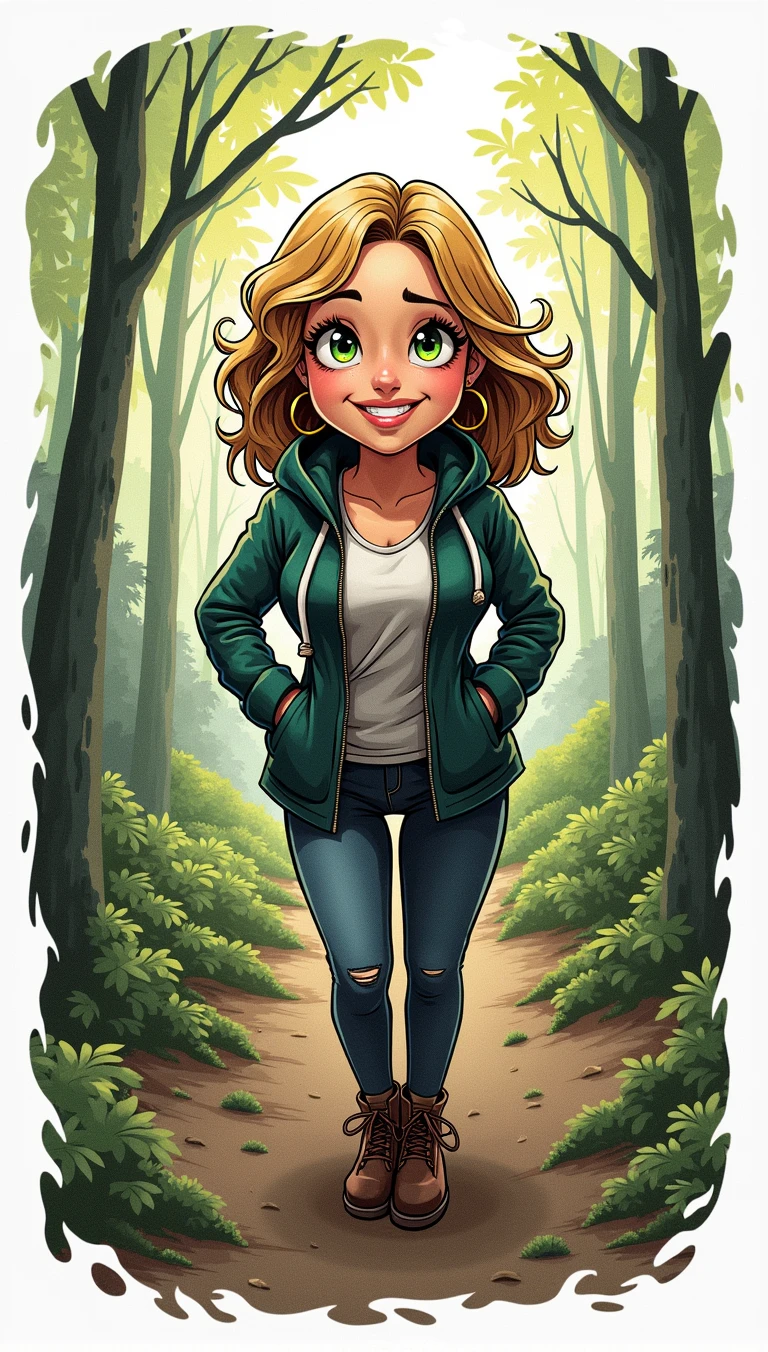 Funny cartoon of a fat young woman with green eyes and short golden hair FULL BODY