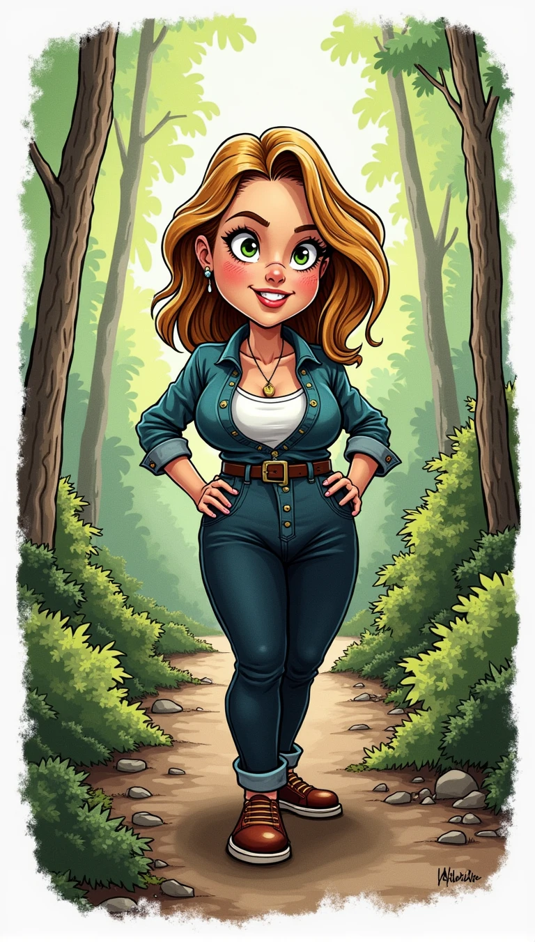 Funny cartoon of a fat young woman with green eyes and short golden hair FULL BODY