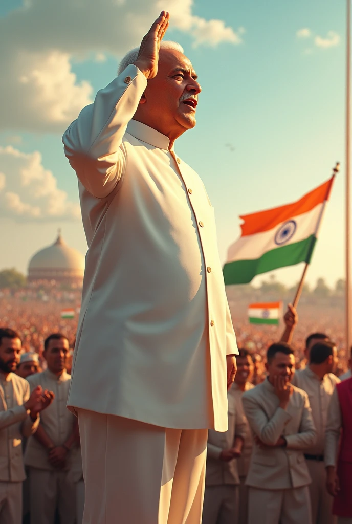 (photorealism:1.2), Netaji jawahar lal nehru standing in front of flag hoisting and sing a patriotic songs and salute