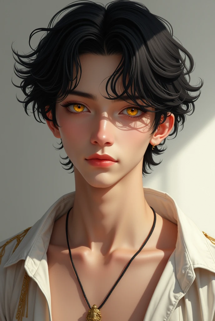 black hair, white shirt, heise jinyao, handsome man, realistic image of keqing from genshin impact, realistic image of handsome guy in demon slayer art, relaistic image of zhongli from genshin impact, delicate androgynous prince, inspired by Bian Shoumin, taisho roman, realistic beautiful androgynous prince, tan skin, exposed collarbone, bare chest, Realistic, hyper realistic, yellowish golden eyes, short hair, short wavy hair