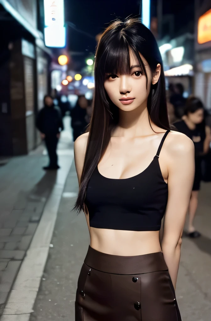 (((best quality))),1 female,slender face,(((arms behind))),(((cool beauty))),Black Hair,Brown Eyes,medium hair,straight hair,small breasts,looking at viewer,bed,25 years old,No pubic hair,Height: 160cm,(full body),blouse,Standing in a busy street at night,mini skirt,Provocative look,bangs