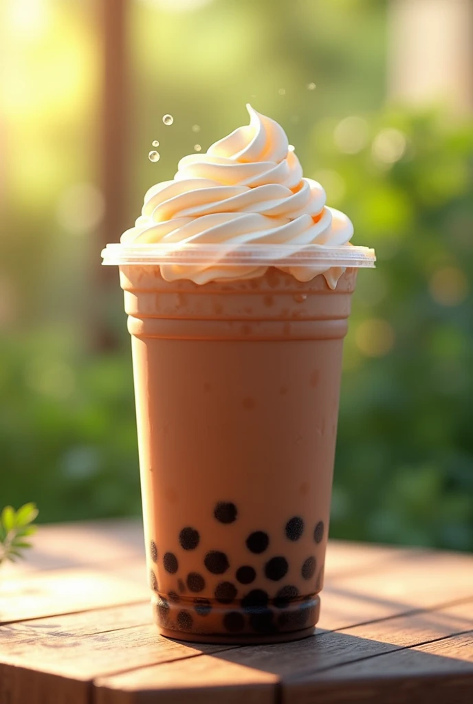 a chocolate bubble tea drink on a sunny day.