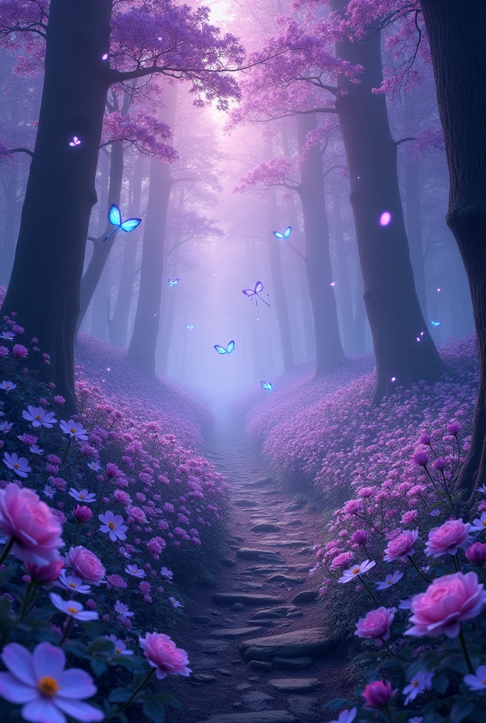 Blue forest background, which is all in purple soft tones, slightly dark. (excellent quality) (best quality) (realism) many purple flowers and beautiful light with blue tint. a little dark. many many flowers with purple and blue flowers flowers everywhere. More realism, a lot of realism more flowers, flowers everywhere. Trees are blooming beautifully. lots and lots of realism. beautiful trees, a little dark outside. also fireflies with a blue tint. most of all, many flowers, roses, spider lily. Beautiful forest, slightly light shade