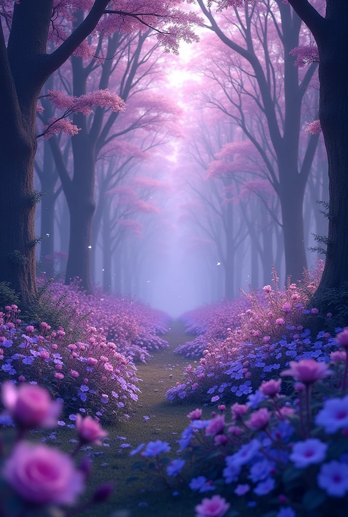 Blue forest background, which is all in purple soft tones, slightly dark. (excellent quality) (best quality) (realism) many purple flowers and beautiful light with blue tint. a little dark. many many flowers with purple and blue flowers flowers everywhere. More realism, a lot of realism more flowers, flowers everywhere. Trees are blooming beautifully. lots and lots of realism. beautiful trees, a little dark outside. also fireflies with a blue tint. most of all, many flowers, roses, spider lily. Beautiful forest, slightly light shade