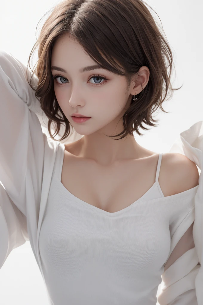 8K Ultra HD、RAWphoto、モデルphoto撮影、 European shoelaces、(masterpiece、best quality、Practical、high resolution、photo:1.3)、closure、focus on、Popular Models、Slim、30 years old adult、Small face、No makeup、short hair、Beautiful dark brown haine eyes、realスキン、(Perfect body)、Sexy hot face、、Sexual Vision、Slim、shirt、Long sleeve、Hide your breasts、Beautiful eyes in every detail、Glossy lips、Small Breasts、Small Breasts、Bust B cup、((Bright Light、Dynamic Lighting、real、超real、 realism、realなディテール、Cruel beauty、Cool pose、Background white、Pure white background