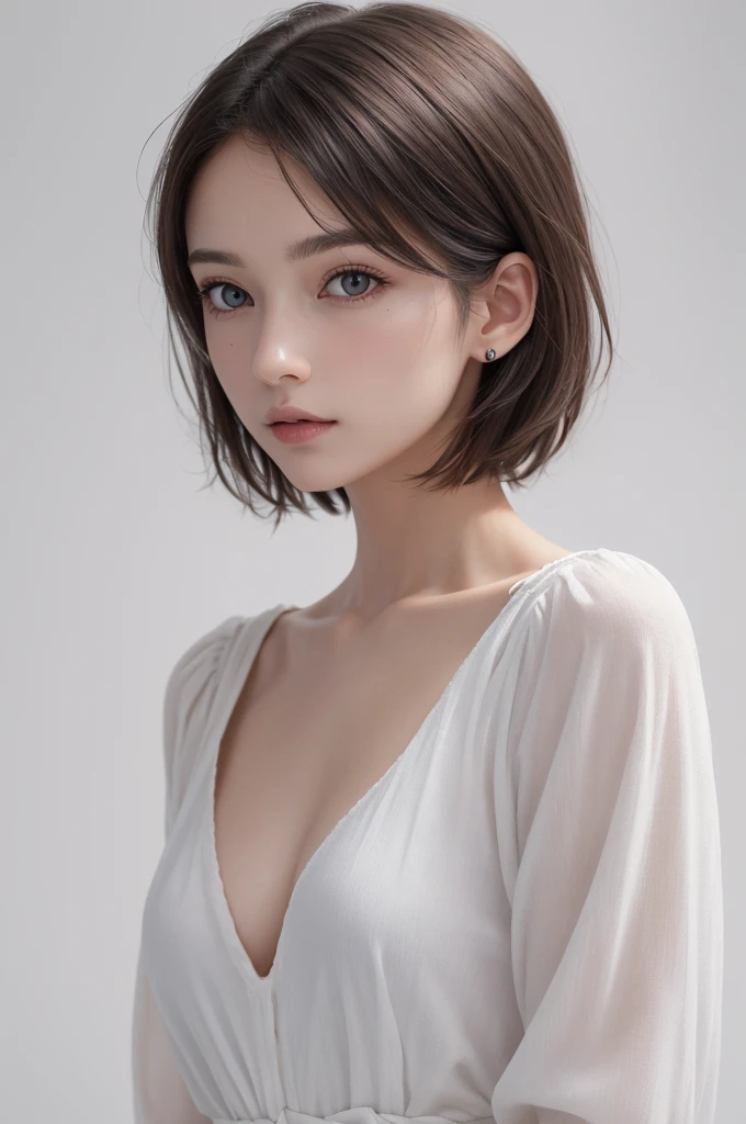 8K Ultra HD、RAWphoto、モデルphoto撮影、 European shoelaces、(masterpiece、best quality、Practical、high resolution、photo:1.3)、closure、focus on、Popular Models、Slim、30 years old adult、Small face、No makeup、short hair、Beautiful dark brown haine eyes、realスキン、(Perfect body)、Sexy hot face、、Sexual Vision、Slim、shirt、Long sleeve、Hide your breasts、Beautiful eyes in every detail、Glossy lips、Small Breasts、Small Breasts、Bust B cup、((Bright Light、Dynamic Lighting、real、超real、 realism、realなディテール、Cruel beauty、Cool pose、Background white、Pure white background