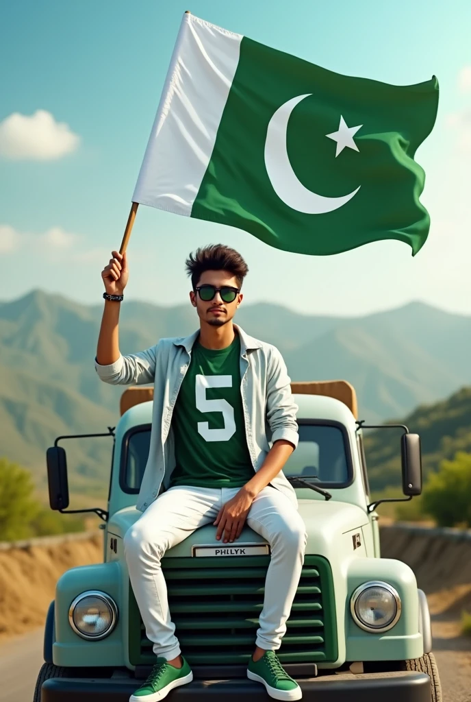 Create an Real image featuring a young man
sitting on the hood of a white and green truck,with Pakistan’s scenic background. He’s holding a flag celebrating Pakistan’s 14th August. The boy wears a green T-shirt with ‘zargham 5’ printed on it, white jacket, white pants, green shoes and sunglasses.