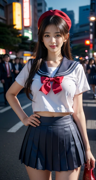 (A youthful gorgeous Japanese idol, wearing a wet Seifuku, Serafuku, school uniform, sailor moon, jk uniform, high-school uniform, pleated mini-skirt, red ribbon, red bowtie, sailor hat, knee-high socks, Tokyo Shibuya Scramble Crossing, deserted city street, night sky, natural poses, hands on hip, 

Easygoing expressions, kind smile, dimpled cheek, cute snaggle-tooth, short bob hair ponytail, symmetrical face, realistic detailed face, beautiful eyes, beautiful detailed eyes, long legs, perfect body proportions, hourglass figure, ample round bosoms, medium breasts,

Raw photo, photorealistic, realistic portrait, hyper-realism, high contrast, ultra HD, realistic skin textures, top image quality, top-quality, super high resolution, fine details, very meticulously, masterpiece, vivid colours, waist focus, medium shot, close-up shot, cowboy shot, High Angle Shot, Surrealism, City Lighting, bokeh_background, SFW, Safe For Work)