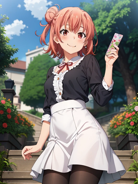 ((masutepiece, Best Quality, hight resolution, nffsw, Perfect Pixel, depth of fields, 4K, )), 1girl in, Solo, , Beautiful anime girl, Beautiful Art Style,
very low view angle:1.3, view from below:1.5, standing:1.3, garden,
Perfect body, smile face:1.5 shot from below:1.4, finger on lips:1.5, black pantyhose, white short dress:1.3,
Yuigahama Yui, Hair bun, short hair, medium breasts,
Full face blush, red face,
straight on:1.3, medium shot