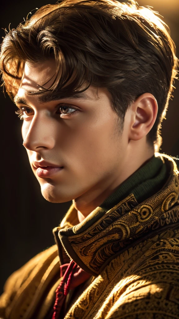 a handsome boy listening to a song, beautiful detailed eyes, beautiful detailed lips, extremely detailed eyes and face, long eyelashes, portrait, cinematic lighting, dramatic shadows, studio lighting, 8k, high resolution, intricate details, photorealistic, vibrant colors, warm tones, calming atmosphere