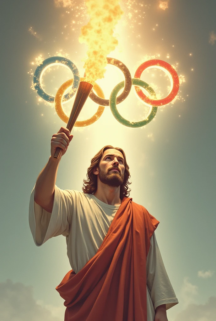 Olympics logo and Jesus with a torch in his hand