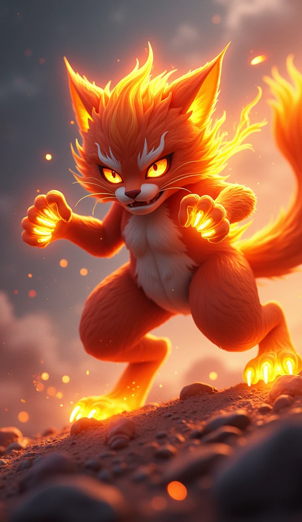 Design a full-body, fighting-ready pose for 'Ignis,' a cat-like creature embodying the fire element. The art style should reflect the vibrant, modern aesthetic of the SOLMON logo, with a focus on dynamic action and sleek, clean lines. Use a rich color palette with glowing accents to emphasize Ignis's fiery nature. The creature should have distinct, ember-like fur, with flames subtly integrated into its design. The background should feature digital sparks and cosmic elements, capturing the power and cuteness of Ignis while maintaining a visually striking, balanced composition