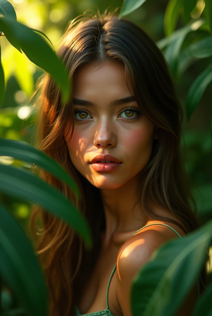 a girl sitting in lush jungle,beautiful detailed eyes,beautiful detailed lips,extremely detailed eyes and face,longeyelashes,detailed skin,gorgeous girl,tropical jungle,dense foliage,sunlight filtering through leaves,(best quality,4k,8k,highres,masterpiece:1.2),ultra-detailed,(realistic,photorealistic,photo-realistic:1.37),vibrant colors,dramatic lighting,cinematic composition,natural beauty,serene atmosphere
