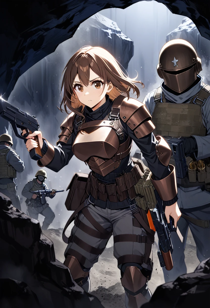 1girl, brown hair, brown eyes military armour and military helmet gray fully clothed, guns with straps, gray background dust deep inside dark cave, nighttime, taking gun ammo from guy