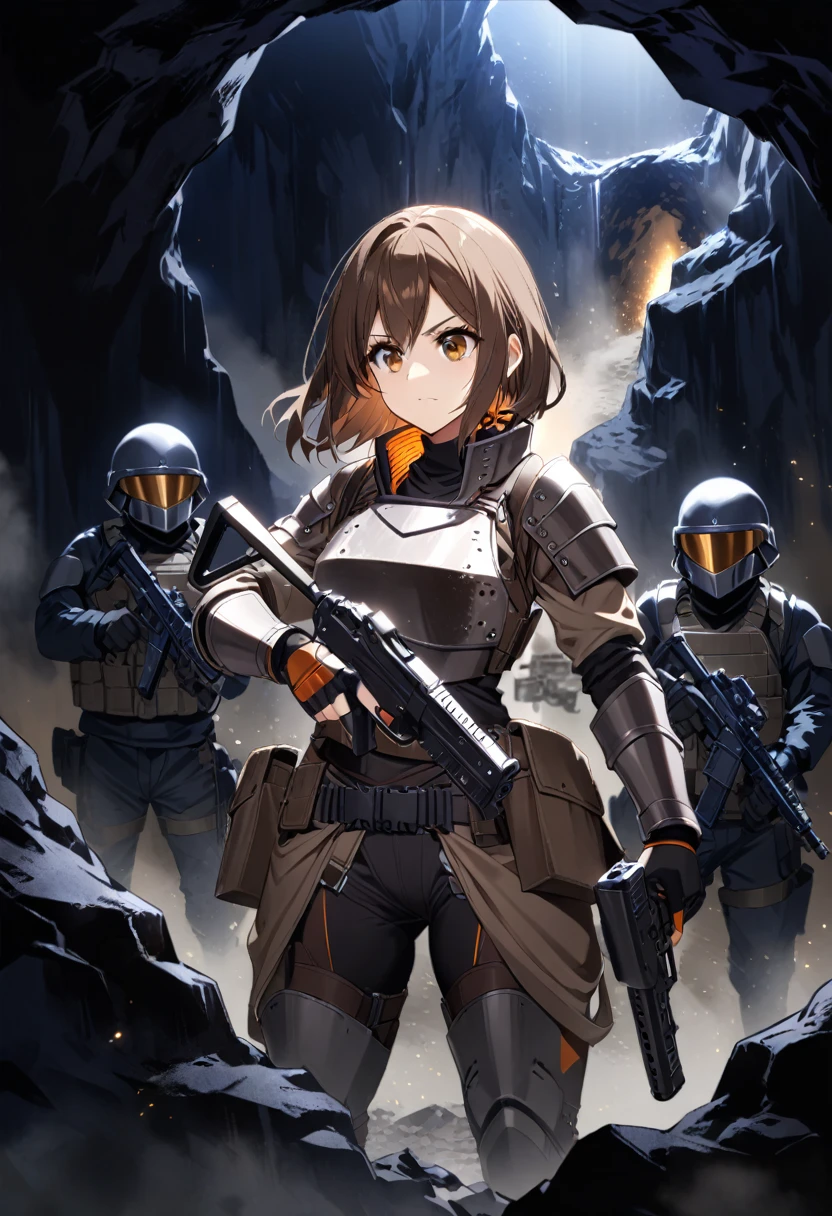 1girl, brown hair, brown eyes military armour and military helmet gray fully clothed, guns with straps, gray background dust deep inside dark cave, nighttime, taking gun ammo from guy