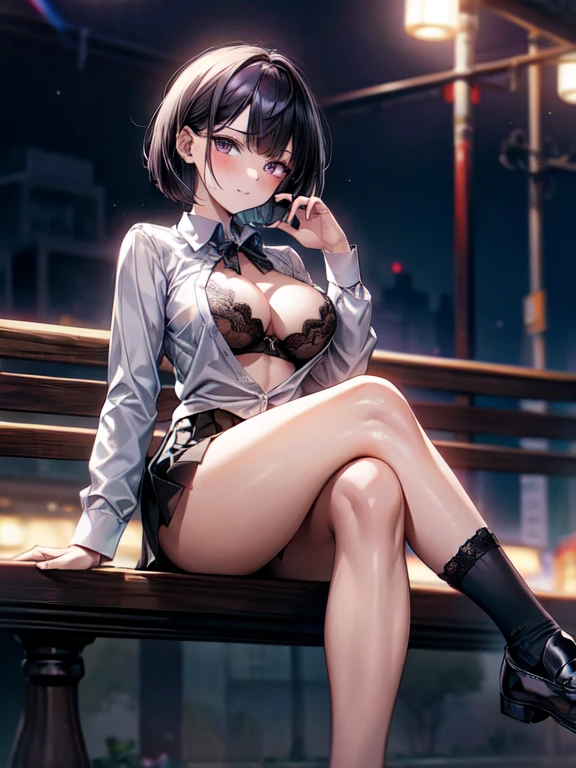 ((masterpiece, highest quality, very detailed):1.3), (left to right balance, Perfect Hands,beautiful hands, Perfect Fingers,beautiful fingers,perfect eyes:1.3), 1 girl, gyaru, (black bob cut:1.3), (swept bangs:1.3), (droopy eyes:1.3), (big and cute eyes:1.3), (black eyes:1.3), medium breasts, thick thighs, ((lots of piercing)), healthy, proportionate build, 1girl, smile, looking at viewer, twenties, (White long sleeve collared shirt:1.3), (purple bra with black lace, purple thong with black lace:1.3), front buttons undone,silver necklace, Black pleated skirt, micro miniskirt, (black ankle socks:1.3), (black loafers:1.3), (lots of piercing:1.3), (sitting:1.3), (crossed legs:1.3), Along a highway at Late Night, a tall fence stretching into the distance, street lights, Cowboy Shot, wide angle