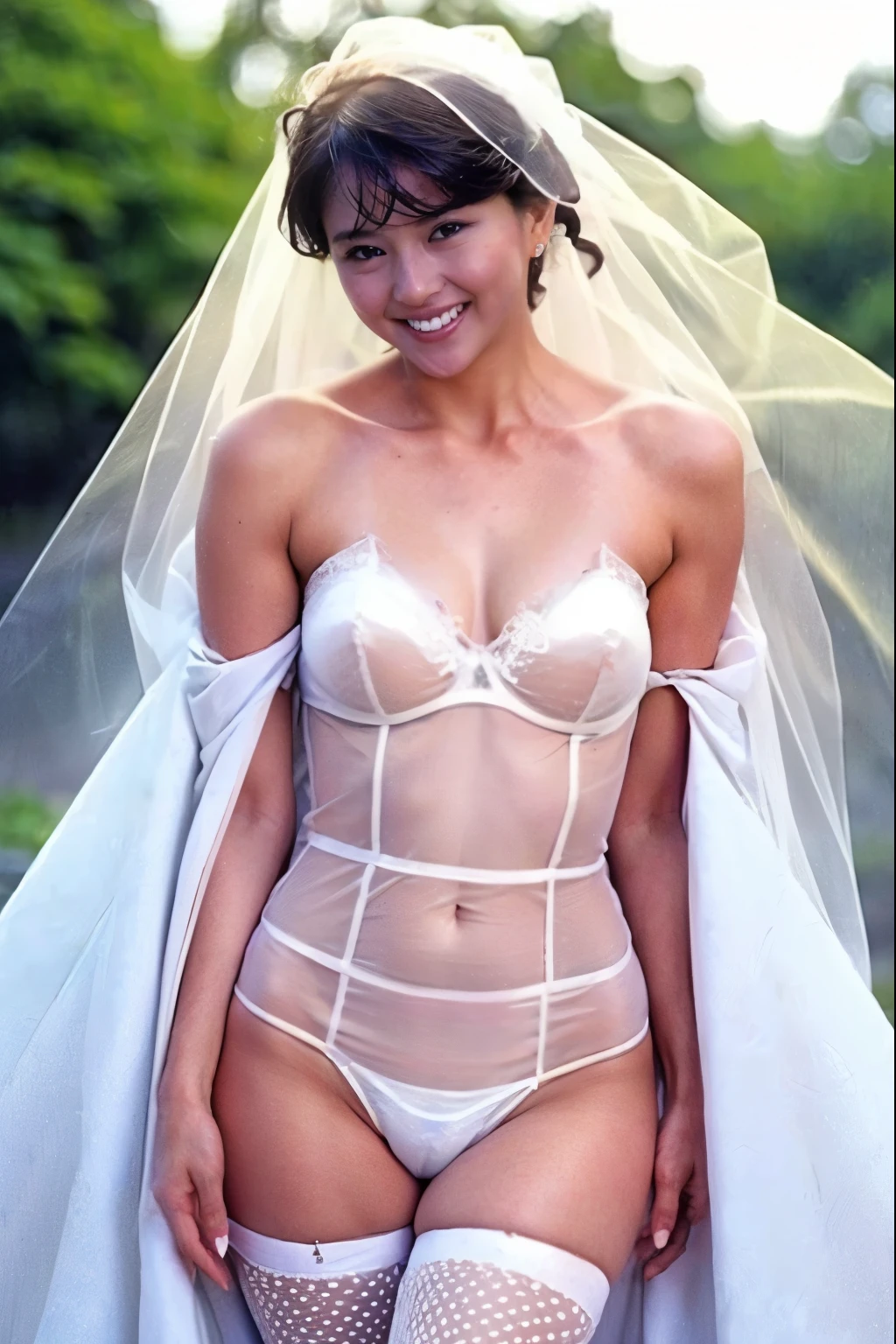 Naked Bride." shape, Big Breasts, Beautiful nipples, Perfect body, whole body , Church wedding,  (((There were many participants behind her..))).  (((white transparent wedding dress, Cape, Veil, Transparent Micro Panties, Transparent Micro Bra, Fishnet tights.))) . Thick pubic hair. ,(Highest quality, 4K, 8k, High resolution, Tabletop:1.2), Very detailed, (Realistic, Realistic, Photorealistic:1.37), Royal, Enchanting, (Vibrant colors, Sharp Chest:1.1), Soft lighting"Writhing expression. The most beautiful woman in town.