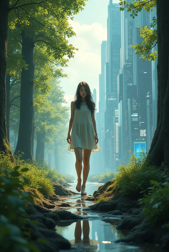 Create a virtual image of a young woman walking from left to right, divided into two sides, full of trees and another side of technology, and a young woman who is stepping across to the other side of technology with changes.