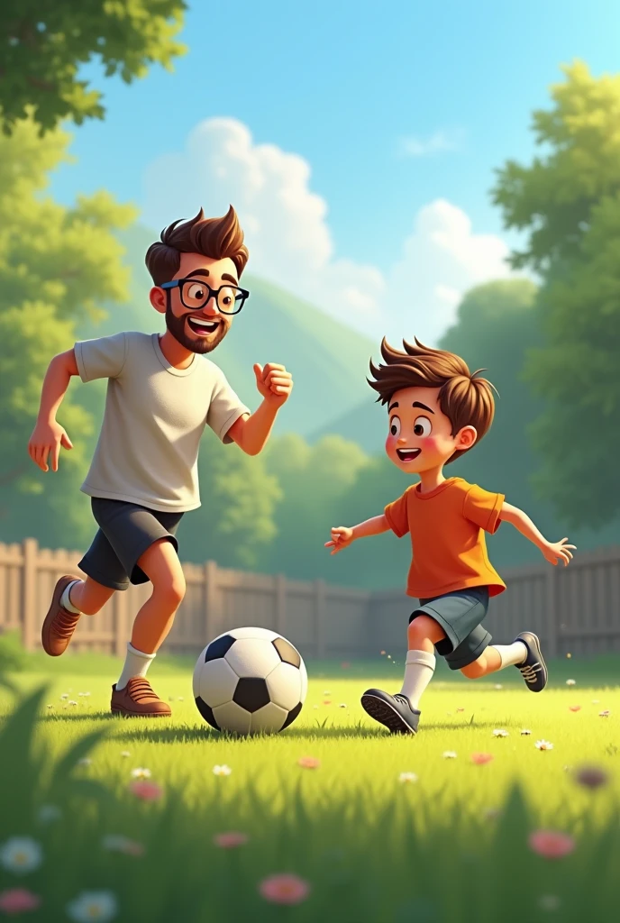 30 year old dad with glasses playing football with his son