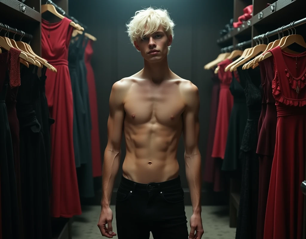 181 cm tall, 22-year-old shirtless male boyish fashion model, lean figure, short platinum blond layered hair with side swept bangs, Germanic-Icelandic features, tight black pants, playful expression:1.4, standing in large chic dark walk-in closet lined with gothic and colorful dresses, pants, shoes and other accessories, photorealistic, cinematic