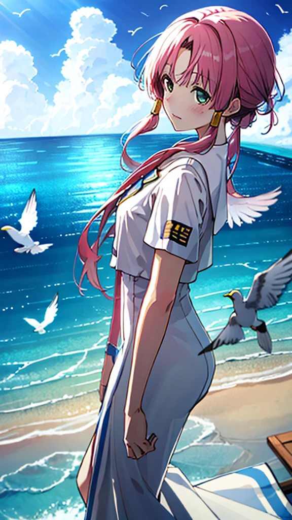 ((masterpiece,Highest quality)), Mizunashi Akari, uniform, dress, white dress, Have, Sailor collar,
Ocean, On the water, null, cloud, Outdoor, bird, Dutch Angle, long dress, Side slits