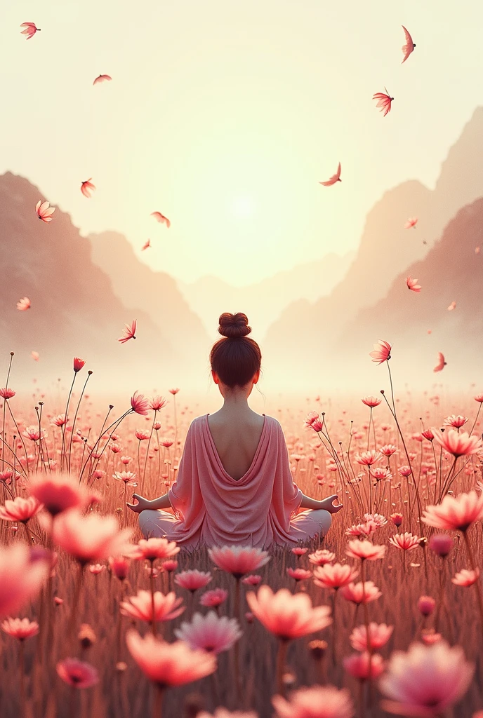 Field with beautiful flowers (close-up cleavage), meditate, Zazen, A meditative (Chinese landscape painting), (ink and watercolor painting), (8k wallpaper), (Light and Shadow Effect), rendering by octane, White balance design, Extremely detailed image representation, Wide angles, depth of fields, masterpiece, realistic, beautifully portrayed, a detailed, accurate, Masterpieces, masterpiece”