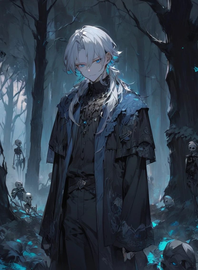 young man ,Male Dark, dark Woods, cold colors, man white hair with blue eye, Warlock dnd , Skeleton army in background, calm face expression