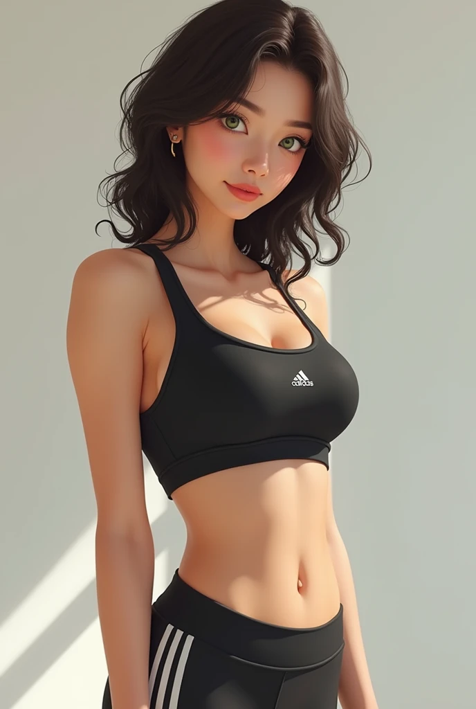 A brunette woman, Asian features curly hair, greeneyes, natural slim body, but with slight traces of someone who goes to the gym, your ass is perky, with small to medium breasts. She is wearing Adidas.