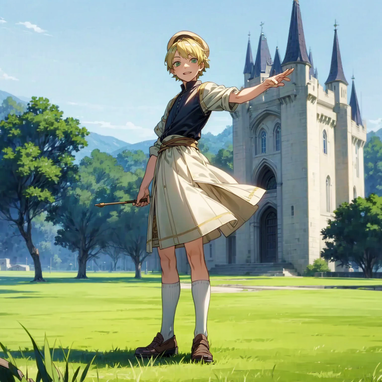 Solo character, full body version, , green eyes, blonde color hair, short bob hair, king outfit, shoes, outdoor, Castle, field, medieval, morning, standing gesture, detailed background, detailed clothing, detailed hair, happy eyes, (food wars style art), straw hat 